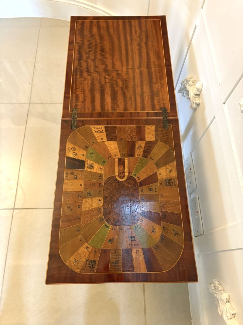Antique Edwardian Inlaid Folding Game/Lamp Table Featuring “The Royal and Pleasant Game of Goose”